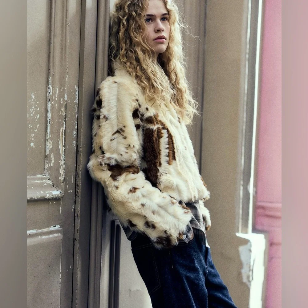 Zara Cream Teddy Jacket with Brown Accents - Picture 2 of 8